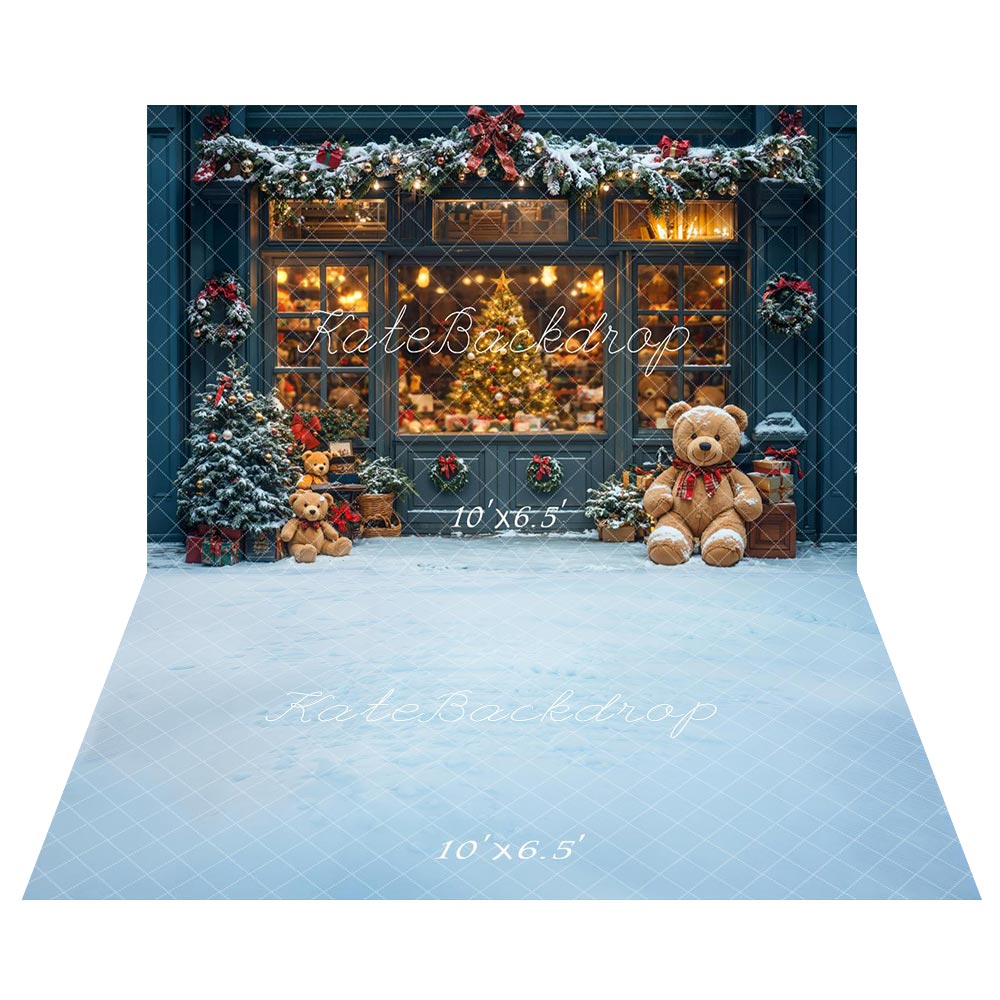 Kate Christmas Tree Shop Teddy Bear Window Backdrop+Winter Ice Blue Floor Backdrop