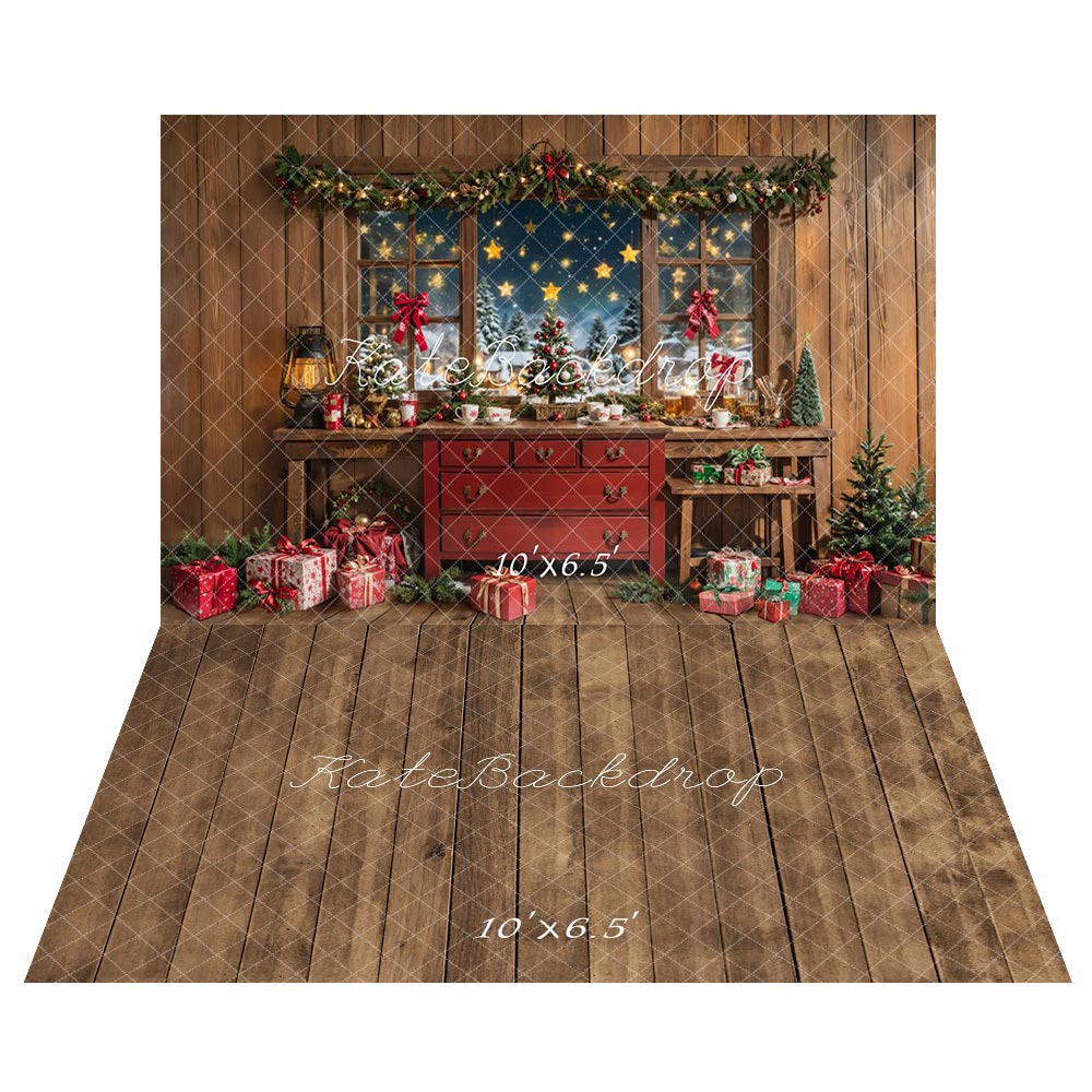 Kate Christmas Indoor Rustic Cabinet Window Gifts Backdrop+Rustic Wood Plank Brown Floor Backdrop