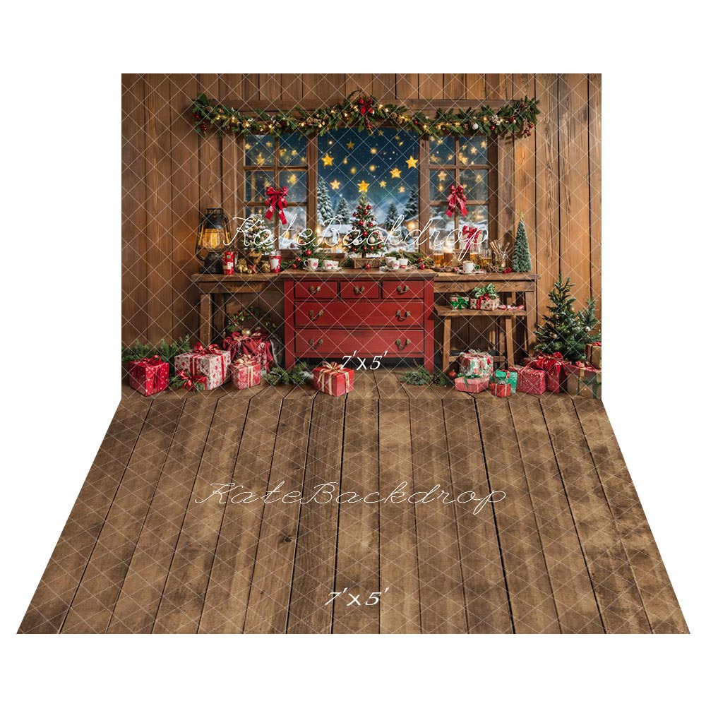 Kate Christmas Indoor Rustic Cabinet Window Gifts Backdrop+Rustic Wood Plank Brown Floor Backdrop