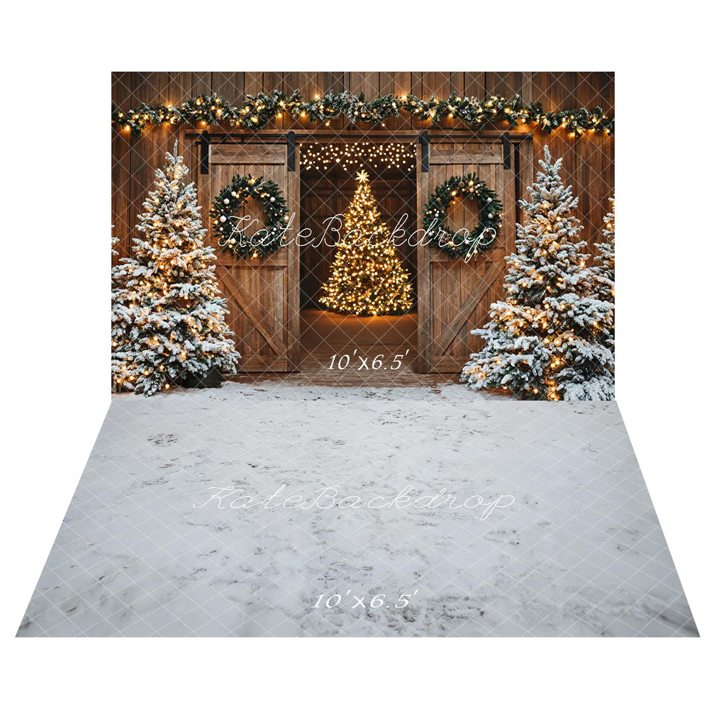 Kate Christmas Tree Barn Door Lights Backdrop+Winter Snowy Ground Floor Backdrop