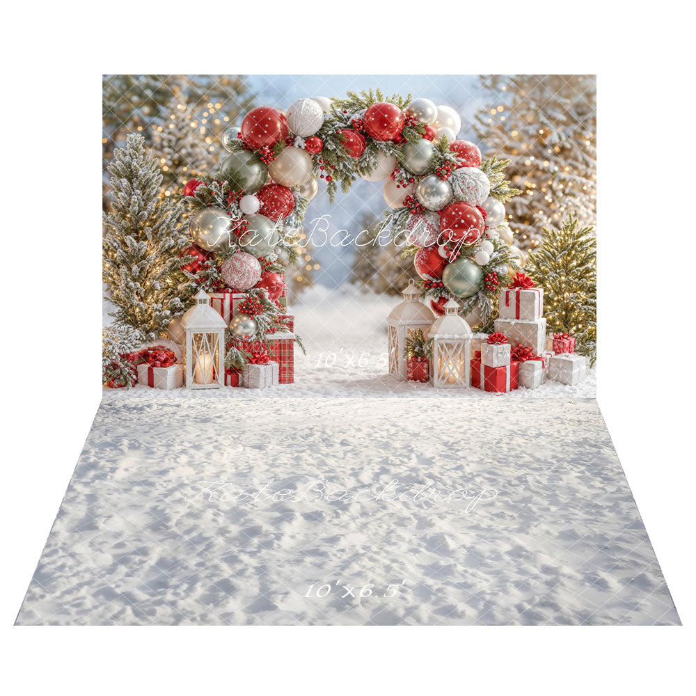 Kate Christmas Balloon Arch Snow Gifts Backdrop+Winter Snow Texture Floor Backdrop