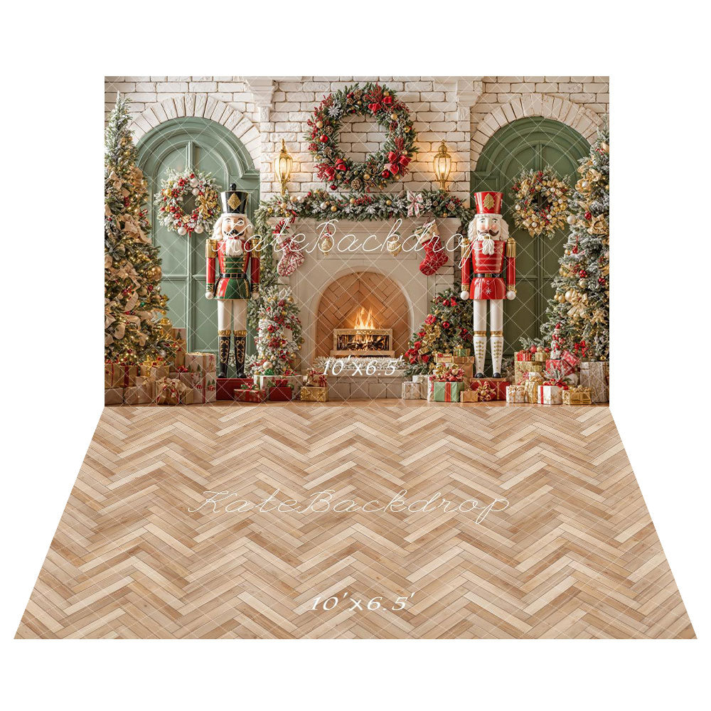 Kate Christmas Nutcracker Fireplace Arched Wall Backdrop+Herringbone Wood Floor Backdrop