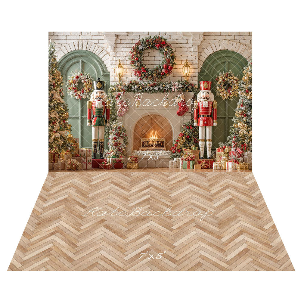 Kate Christmas Nutcracker Fireplace Arched Wall Backdrop+Herringbone Wood Floor Backdrop