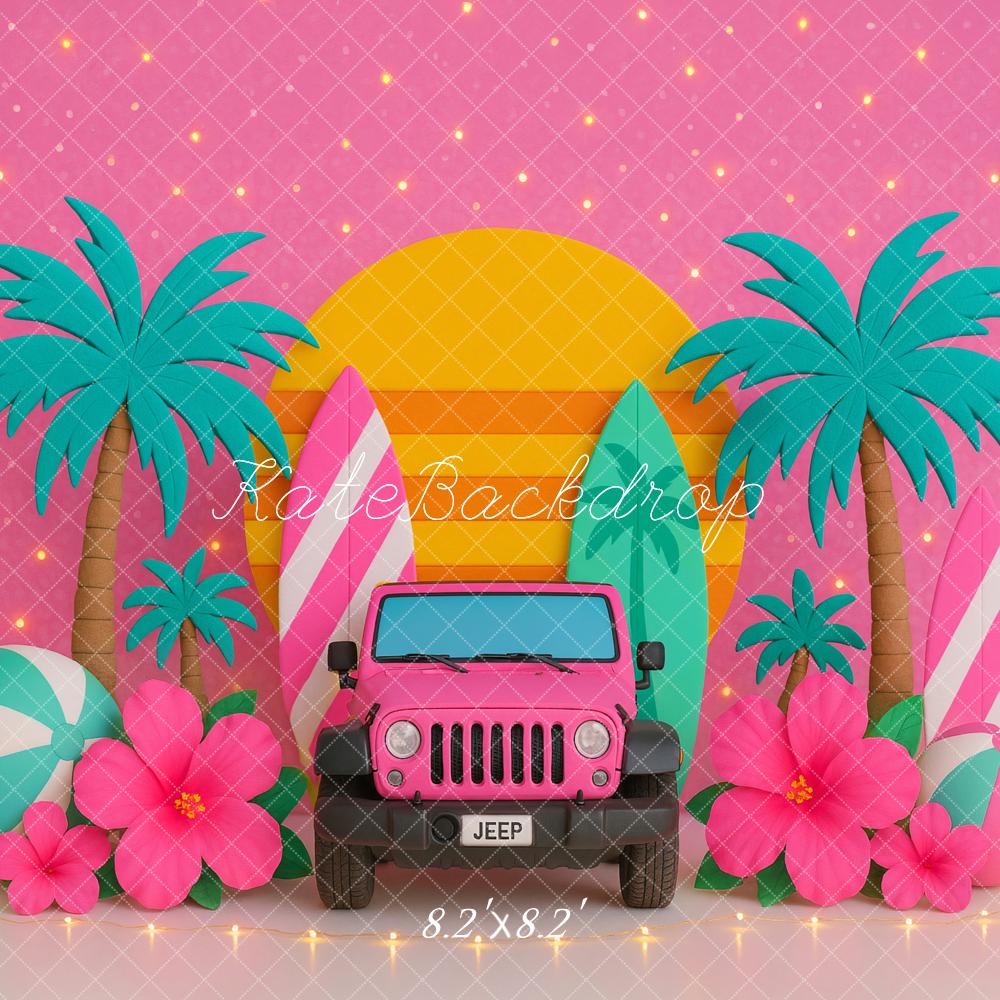Kate Summer Tropical Jeep Palm Trees Pink Backdrop Designed by Ashley Paul