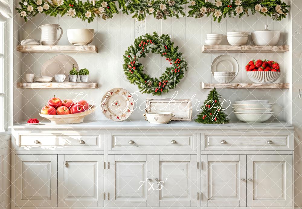 Kate Christmas Kitchen White Cabinets Cutlery Fruits Backdrop Designed by Emetselch
