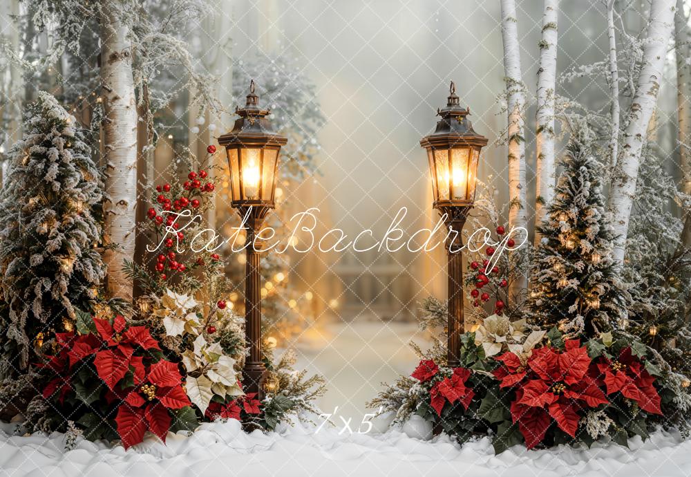Kate Christmas Lantern Poinsettia Snowy Forest Backdrop Designed by Emetselch