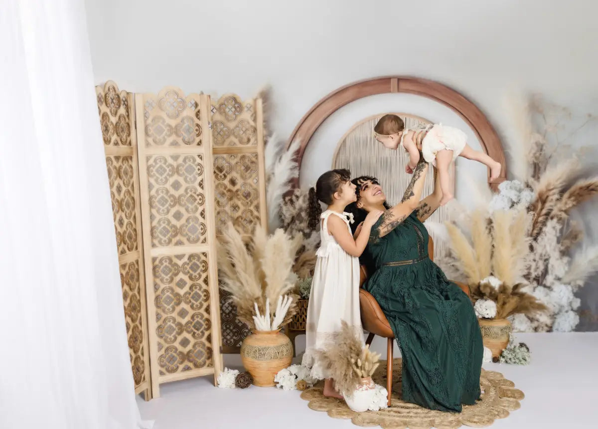 Kate Boho Pampas Grass Rattan Arch Backdrop Designed by Mini MakeBelieve