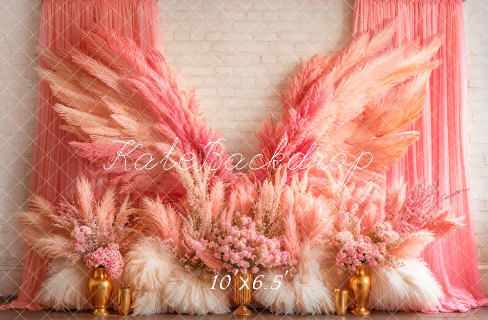 Kate Boho Pink Wings Pampas Floral Backdrop Designed by Emetselch