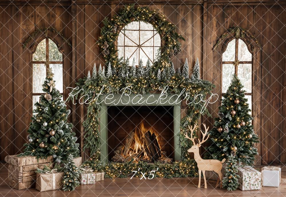 Kate Christmas Tree Wood Fireplace Wreath Deer Backdrop Designed by Emetselch