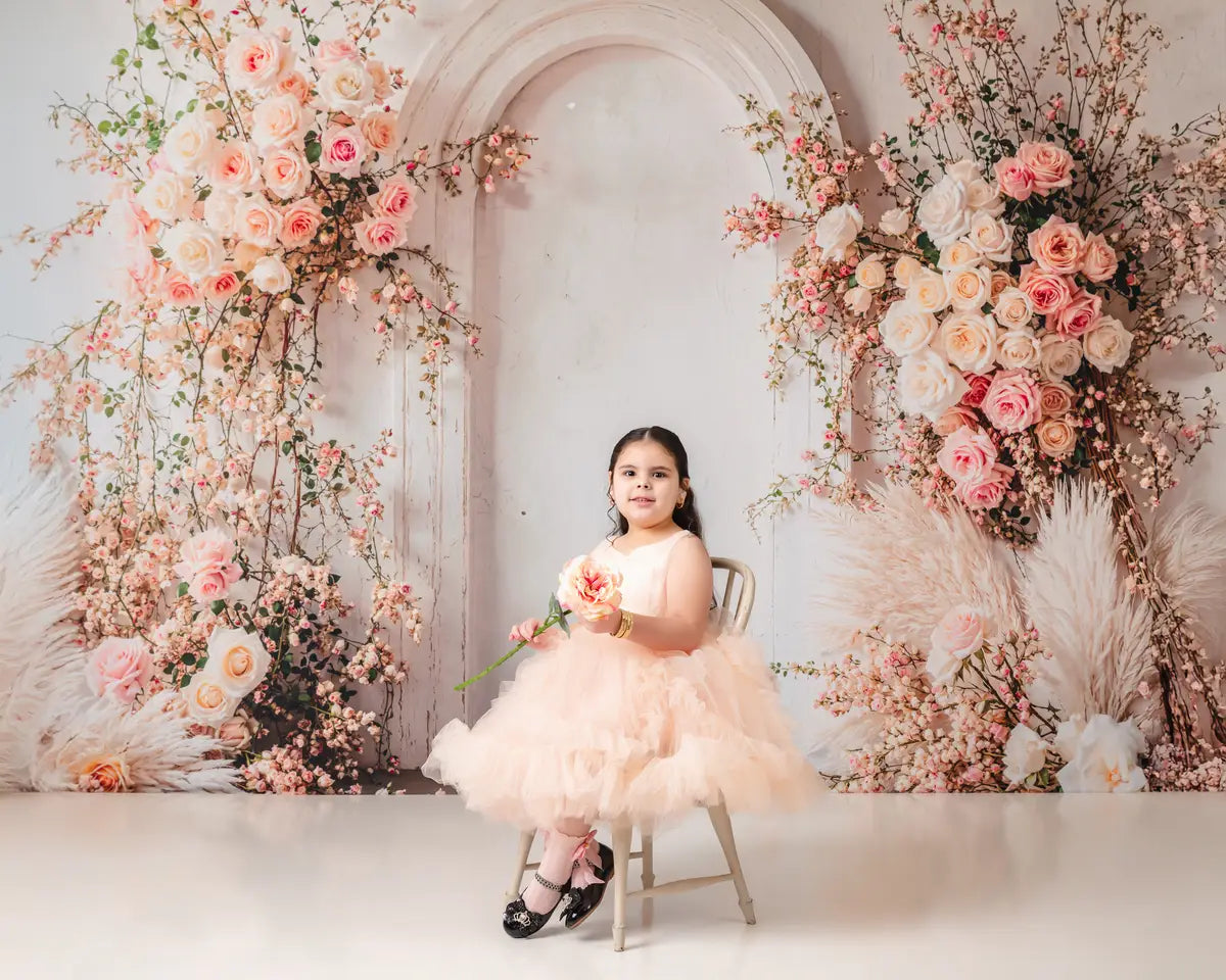 Kate Spring Boho Soft Pink Floral Arch Backdrop Designed by Emetselch