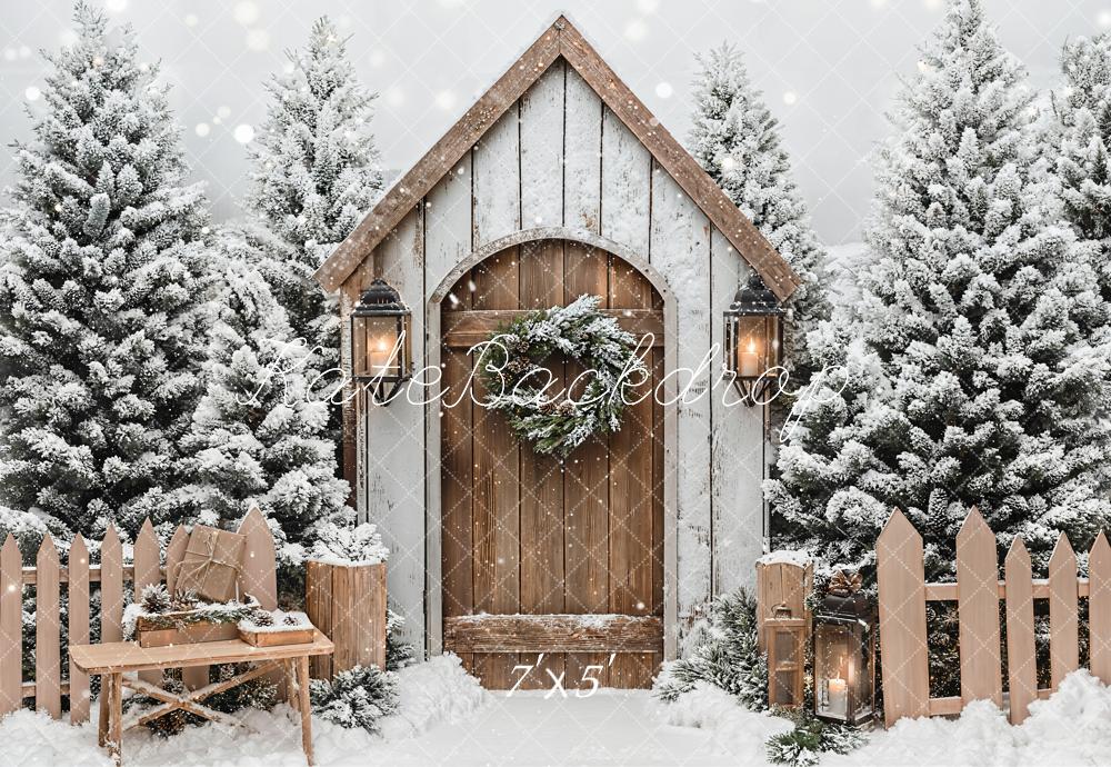 Kate Christmas Winter Cabin Snowy Fence Backdrop Designed by Emetselch