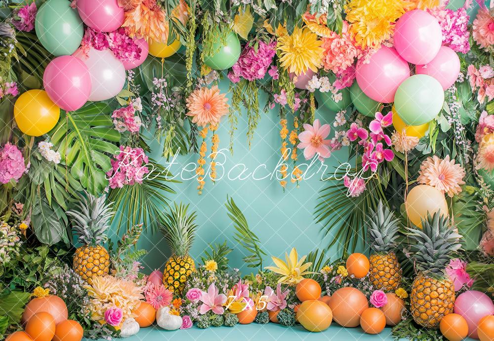 Kate Cake Smash Tropical Fruits Floral Balloon Backdrop Designed by Ashley Paul