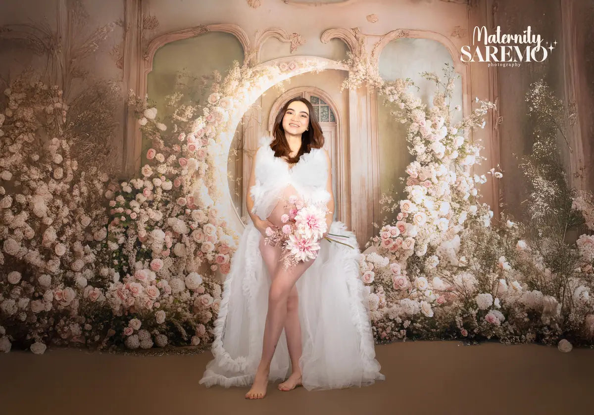 Kate Mother's Day Floral Moon Arch White Roses Wedding Backdrop Designed by Emetselch