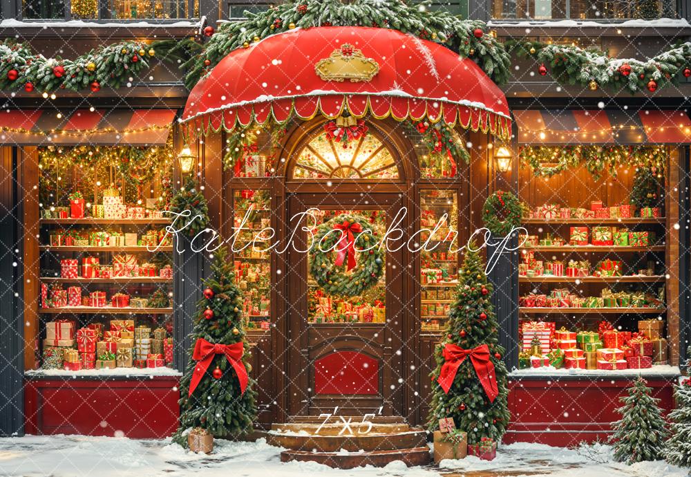 Kate Christmas Gifts Shop Bow Snowy Backdrop Designed by Emetselch