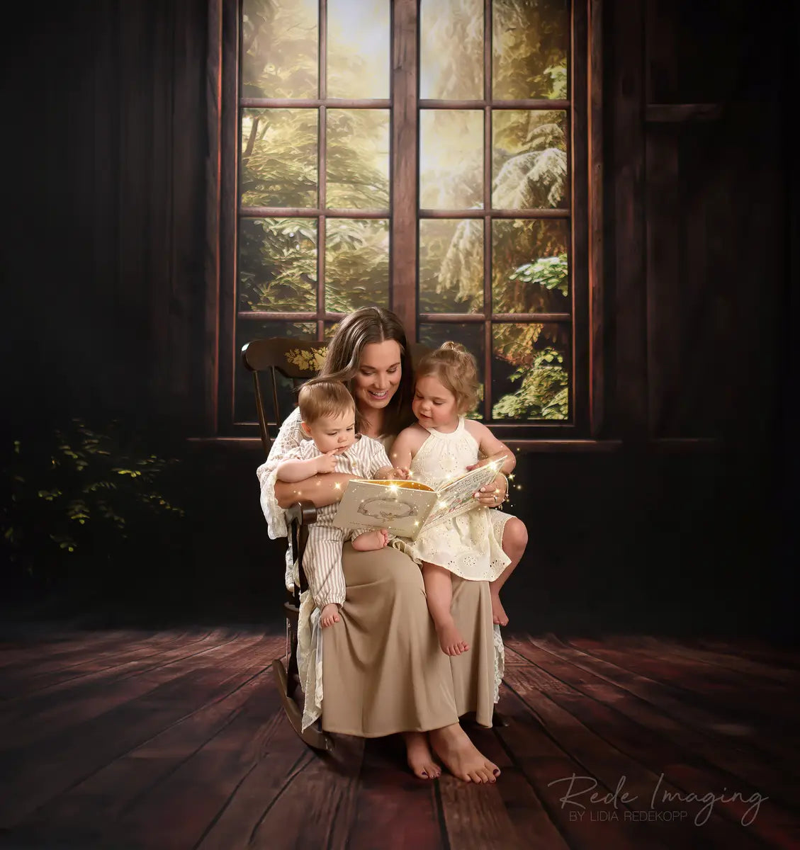 Kate Sweep Spring Forest Dark Wooden Cabin Window Backdrop Designed by Lidia Redekopp