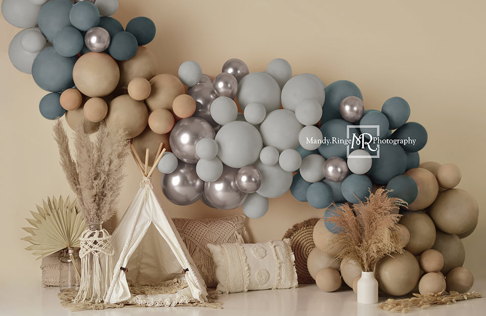 Kate Boho Balloons Tent Backdrop Matte Blue Designed by Mandy Ringe Photography