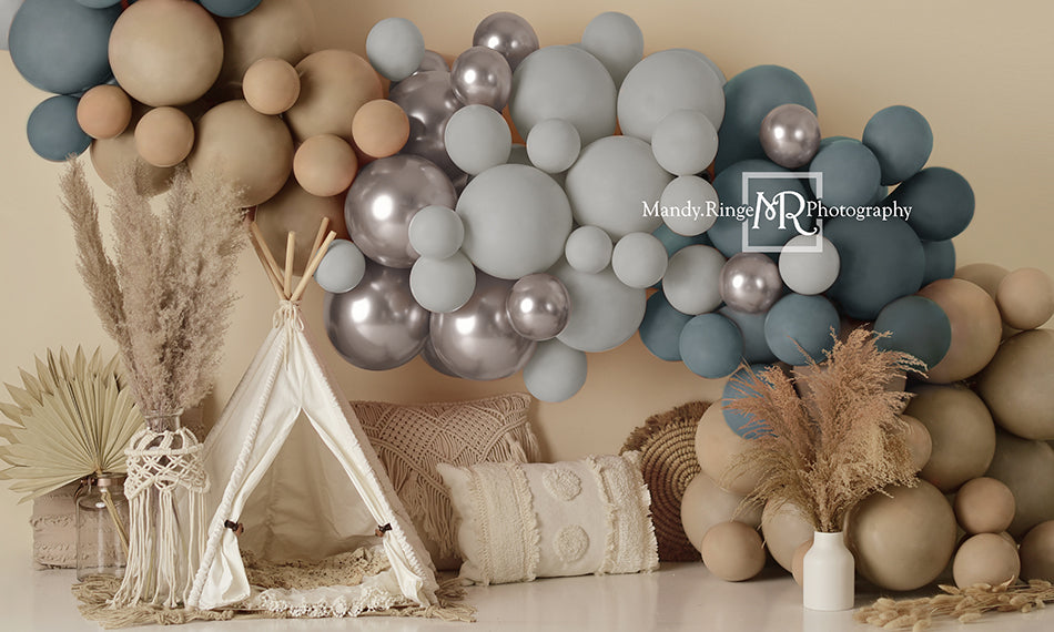 Kate Boho Balloons Tent Backdrop Matte Blue Designed by Mandy Ringe Photography
